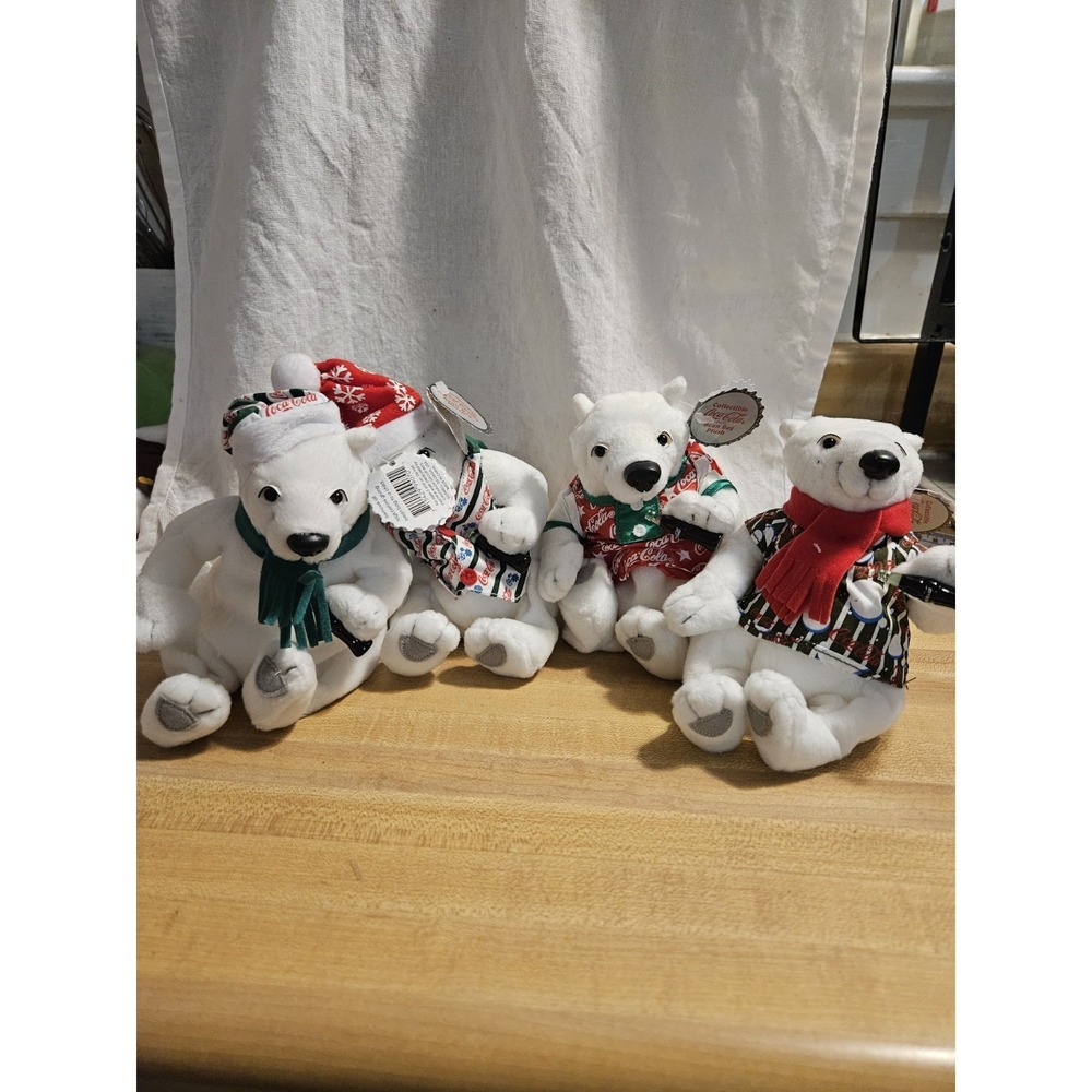 Lot Of 4 Winter/Holiday Themed Coca Cola‎ Beanie Plush Bears NWT